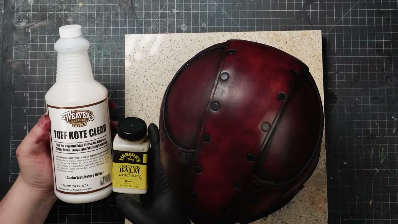 Warrior Helmet Build Guide: A Real Leather Helmet with Just a Hammer 15 Applying finish to the dyed oxblood helmet