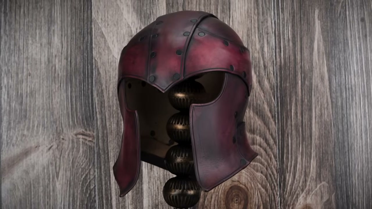 Warrior Helmet Build Guide: A Real Leather Helmet with Just a Hammer 16 Finished oxblood Warrior Helmet on a display stand