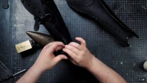 the finished pair of black leather greaves with buckle straps attached, fastening a strap over a small anvil