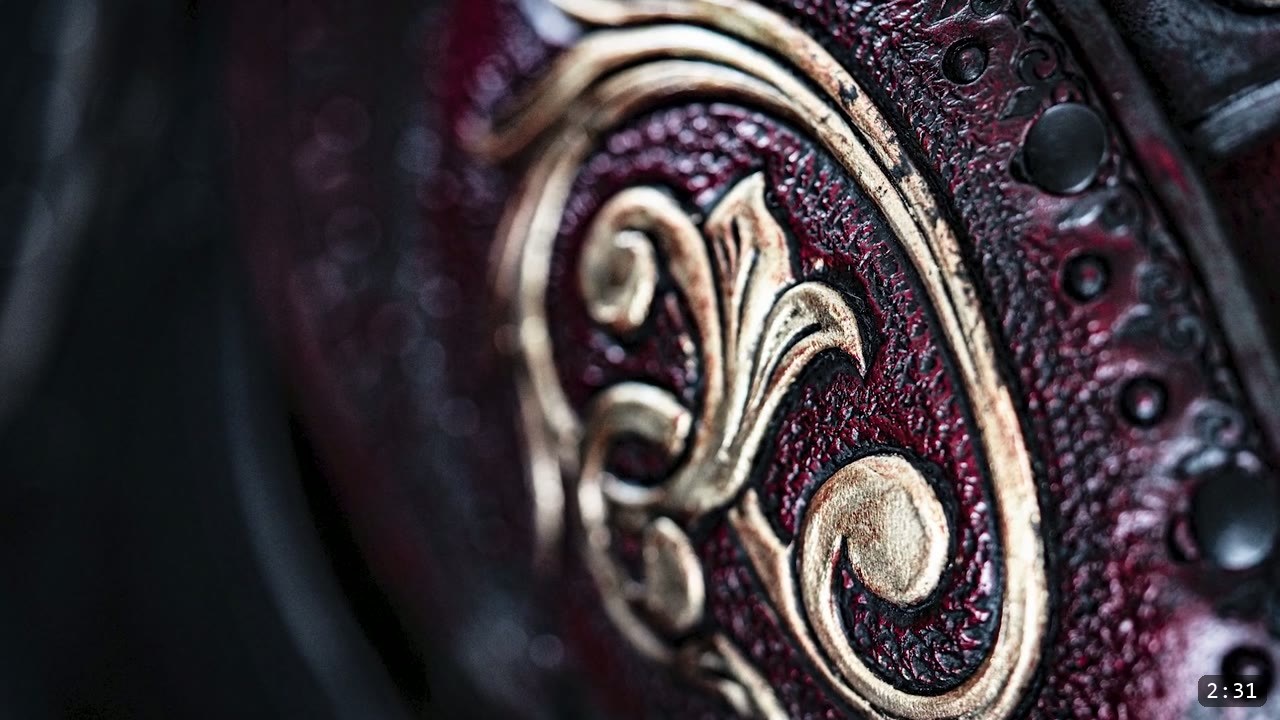 Fantasy Spaulders, Full Suit Version: Leather Shoulders That Mount to the Breastplate 6 extreme close-up of a finished deep-oxblood spaulder panel with a gold-highlighted carved scroll, black antiquing in the recesses, and a row of dark rivets