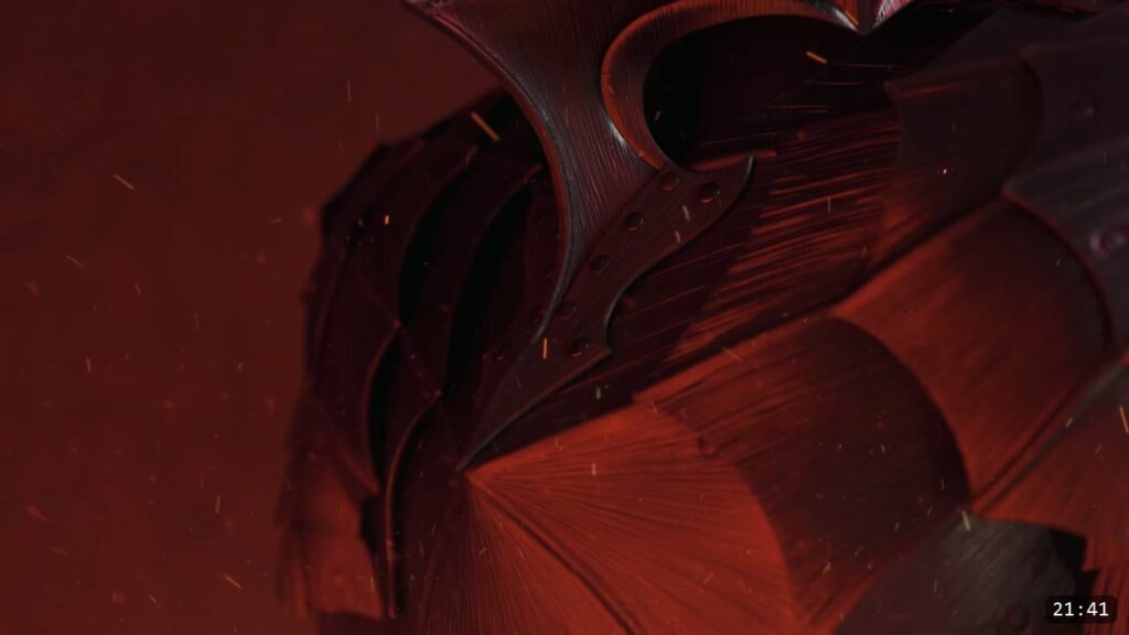 the finished black Berserk breastplate, fluted and dyed, lit red with drifting embers