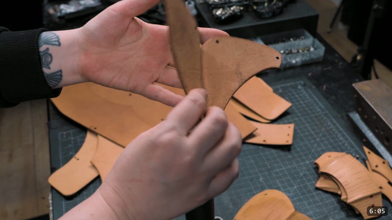 Finishing the Leather Berserk Armor: The Breastplate and Tassets Build Guide 8 fitting the cut tan leather pieces together to check the sub-assembly before dyeing