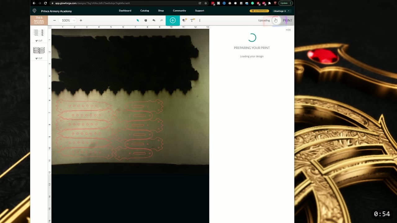Articulated Leather Arm Armor Build Guide: The Imperial Knight Arms 2 the Glowforge design app on screen showing red laser cut lines for arm-armor strap pieces laid out on a sheet of natural leather