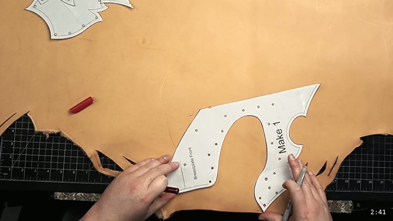 Leather Breastplate Build Guide: The Imperial Knight, Cut by Hand 6 positioning the Breastplate Front pattern on the hide and marking the punched hole locations with a stylus