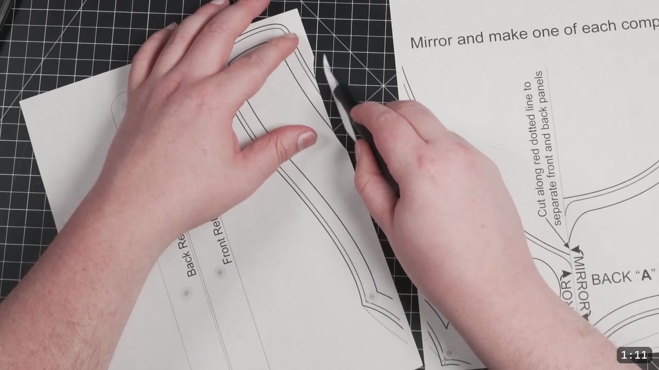 trimming printed pattern pieces with a craft knife on a cutting mat, sheets labeled front and back panels and mirror and make one of each