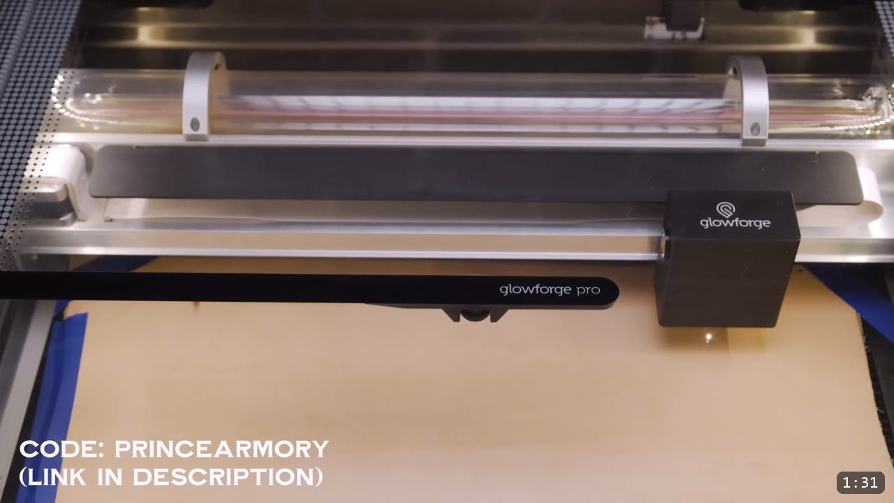 a Glowforge Pro laser cutter cutting a flat sheet, with the Prince Armory affiliate code shown on screen