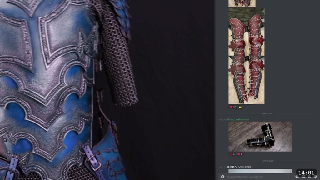 the finished blue Imperial Knight armor on a mannequin, showing the tooled breastplate, pauldron, chainmail sleeve, and buckled tassets